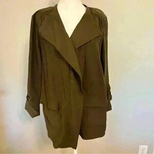 Nine West medium army green utility jacket coat draped front zip roll tab sleeve